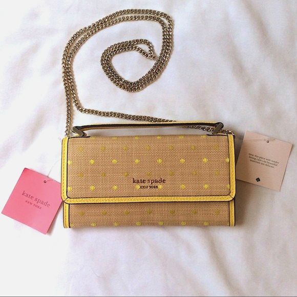 kate spade Raffia Crossbody Bag Yellow Dots Top Handle Roulette Convertible New - Picture 2 of 7